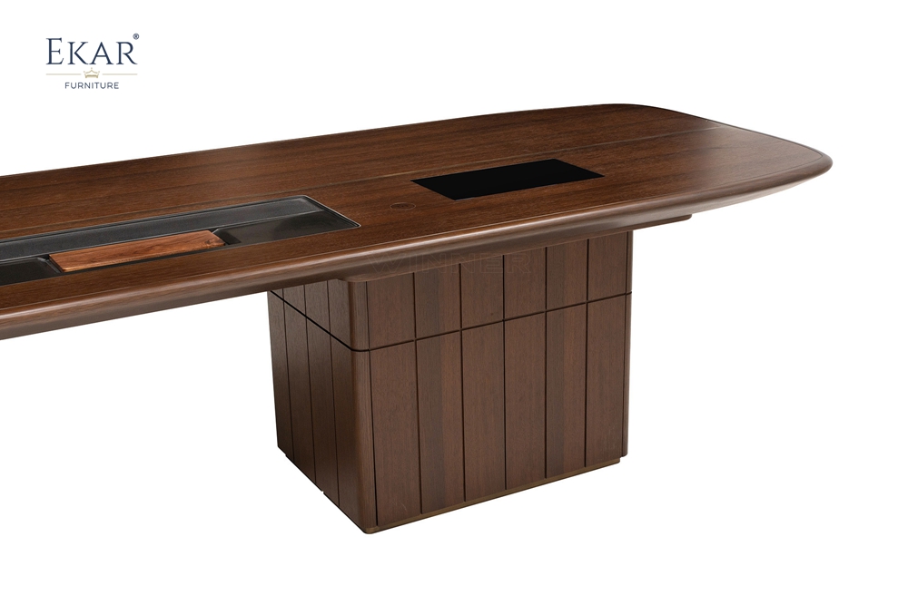 EKAR Modern Japandi Light Wood Executive Meeting Table with Marble Inlay & Tea Station