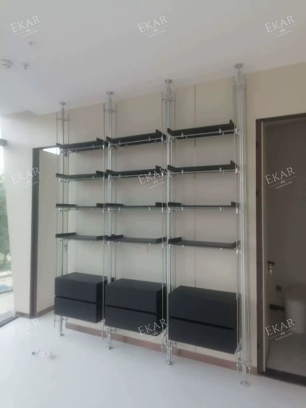 EKAR Bauhaus Custom Floor-to-Ceiling Shelving System with Aluminum Columns and Stainless Steel Rods