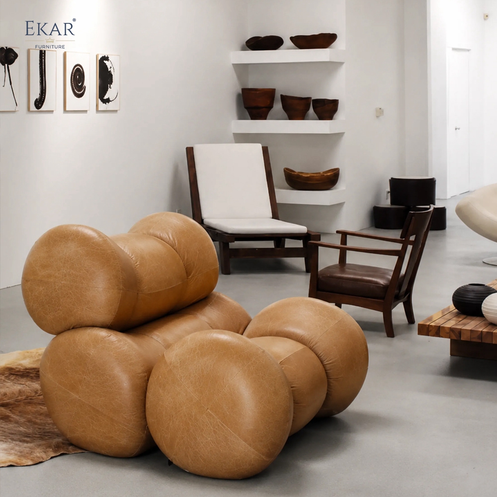 EKAR Modern Bamboo-Joint Sculptural Lounge Chair in Premium Leather