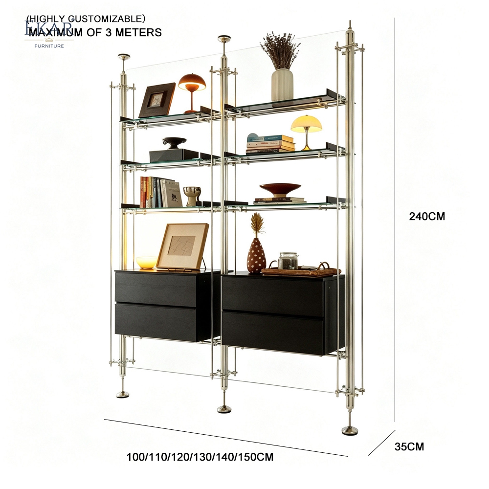 EKAR Bauhaus Custom Floor-to-Ceiling Shelving System with Aluminum Columns and Stainless Steel Rods