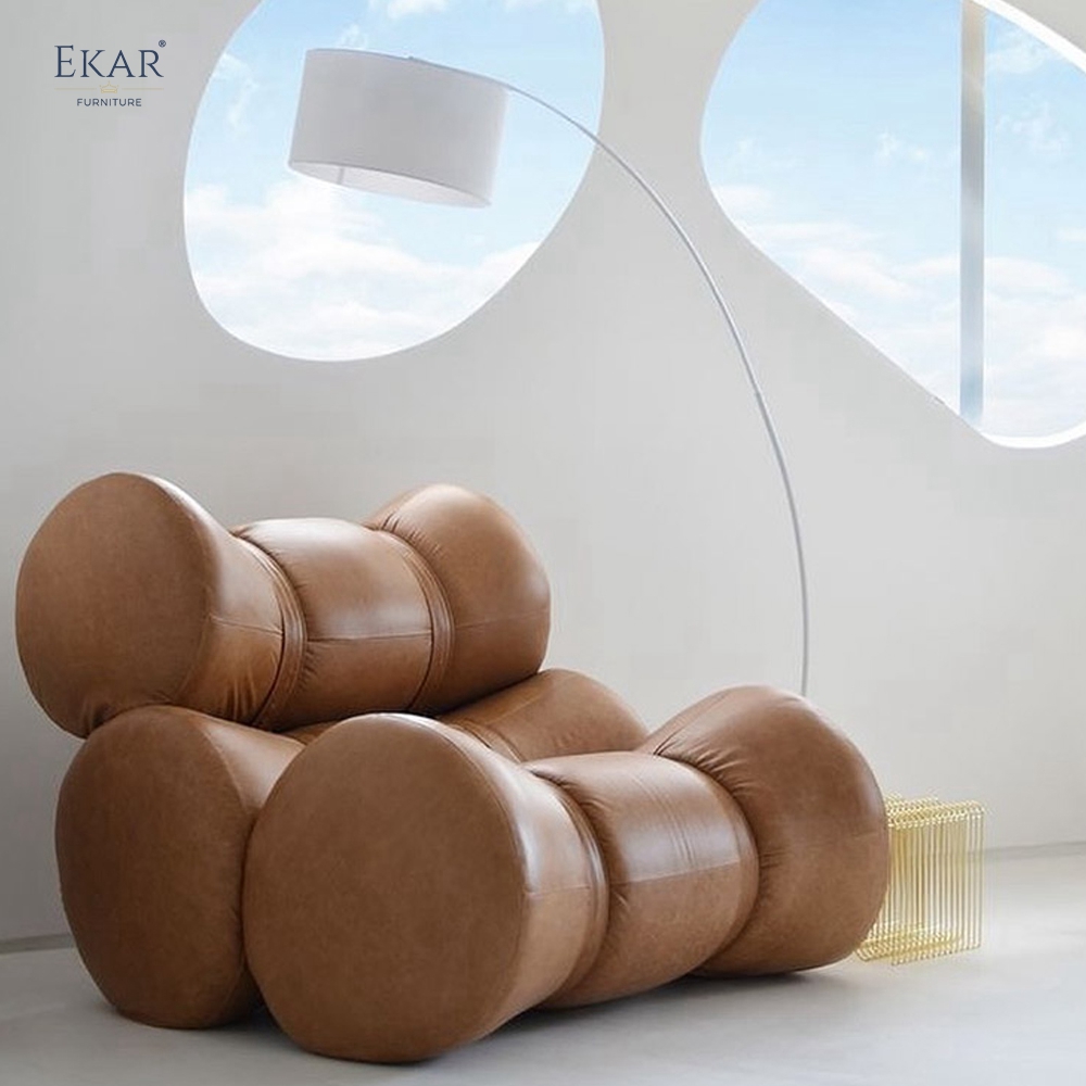 EKAR Modern Bamboo-Joint Sculptural Lounge Chair in Premium Leather