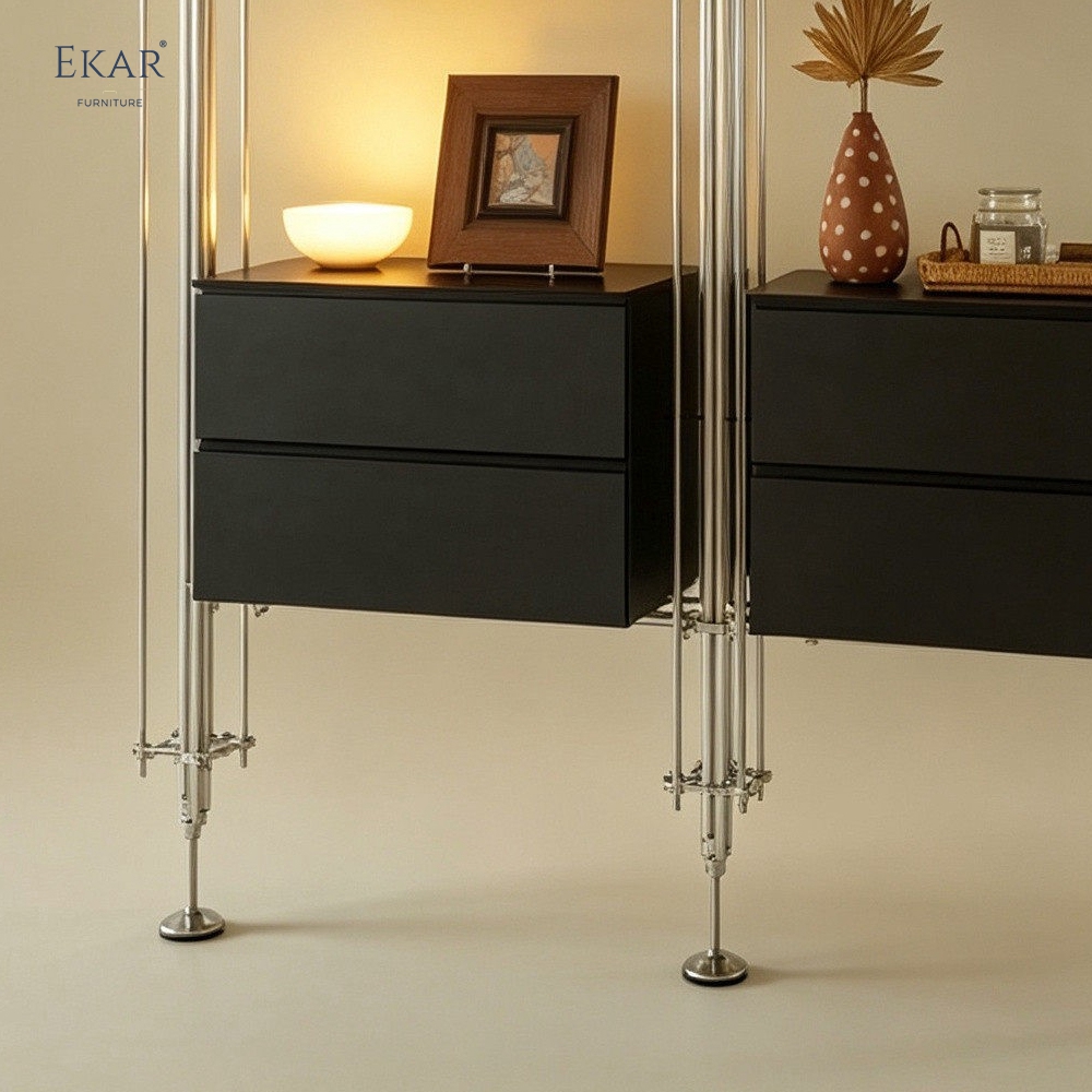 EKAR Bauhaus Custom Floor-to-Ceiling Shelving System with Aluminum Columns and Stainless Steel Rods