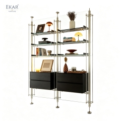EKAR Bauhaus Custom Floor-to-Ceiling Shelving System with Aluminum Columns and Stainless Steel Rods