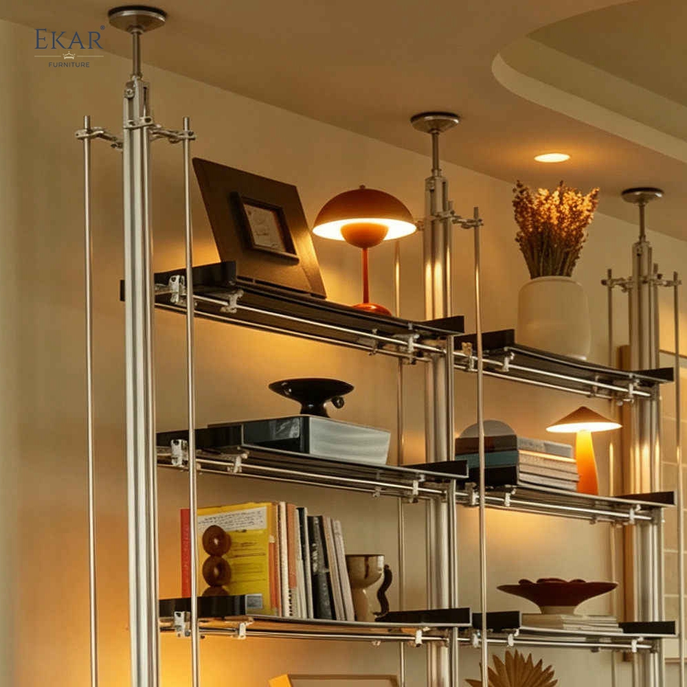 EKAR Bauhaus Custom Floor-to-Ceiling Shelving System with Aluminum Columns and Stainless Steel Rods