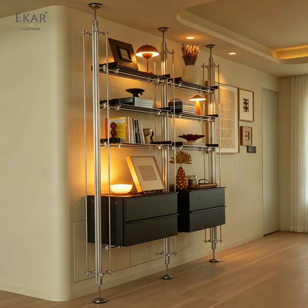 EKAR Bauhaus Custom Floor-to-Ceiling Shelving System with Aluminum Columns and Stainless Steel Rods