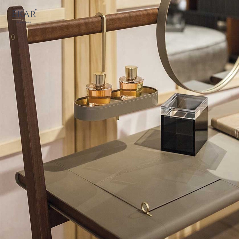Modern Minimalist Solid Wood Dressing Table with Integrated Round Mirror and Suspended Organizer Shelf