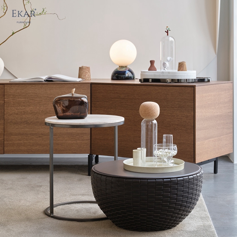 Modern Woven Saddle Leather Drum Coffee & Side Table | EKAR FURNITURE
