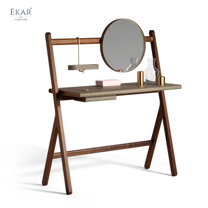 Modern Minimalist Solid Wood Dressing Table with Integrated Round Mirror and Suspended Organizer Shelf