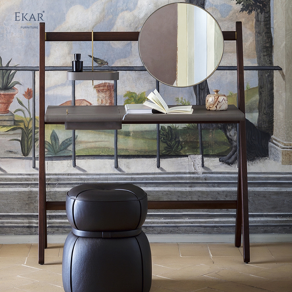 Modern Minimalist Solid Wood Dressing Table with Integrated Round Mirror and Suspended Organizer Shelf