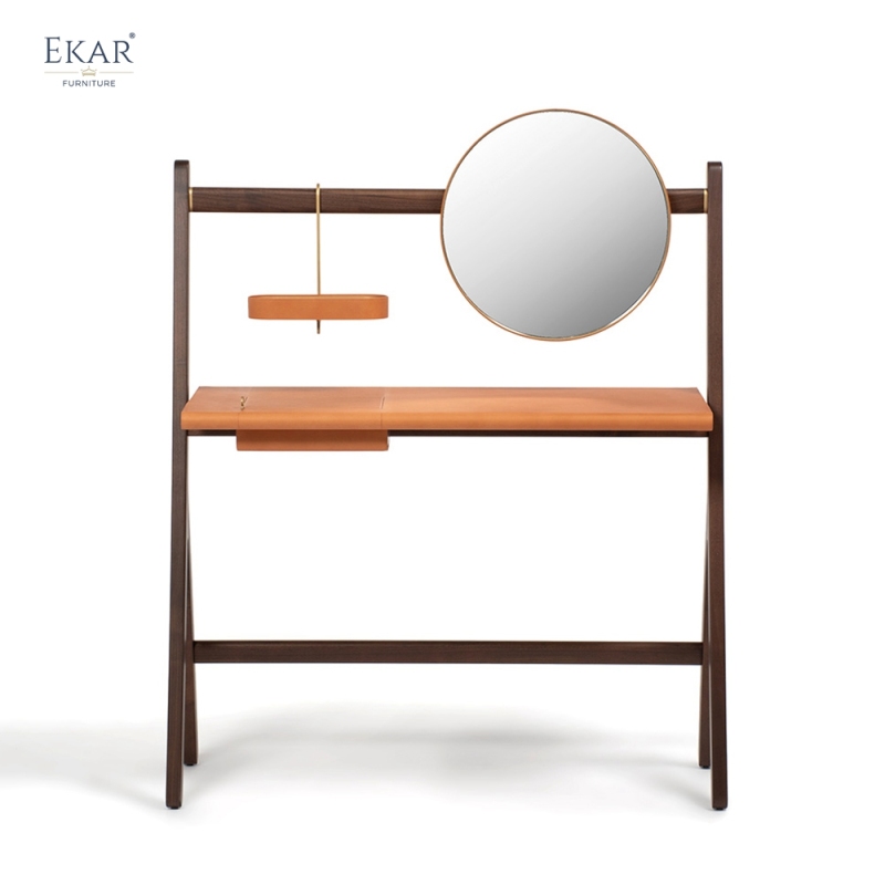 Modern Minimalist Solid Wood Dressing Table with Integrated Round Mirror and Suspended Organizer Shelf