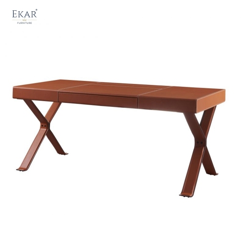 Modern Leather Wrapped Executive Writing Desk with Hidden Storage and Sculptural X-Leg Base