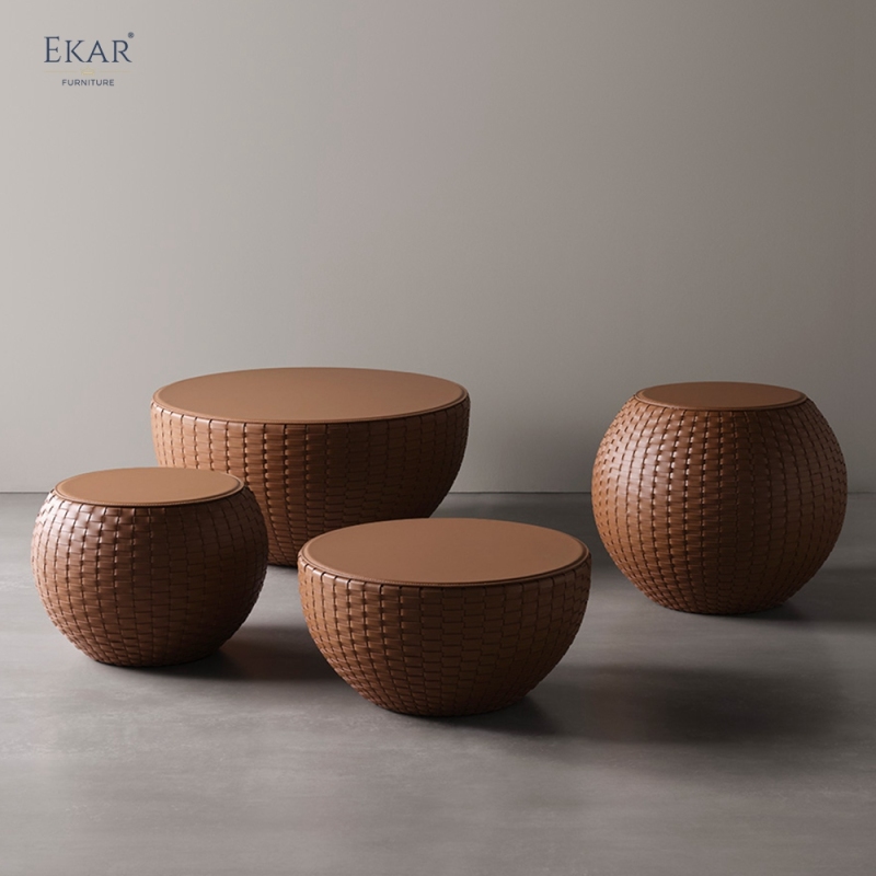 Modern Woven Saddle Leather Drum Coffee & Side Table | EKAR FURNITURE