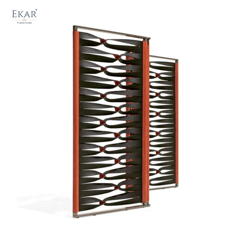 Modern Architectural Folding Room Divider Screen with 3D Sculptural Woven Leather Panels