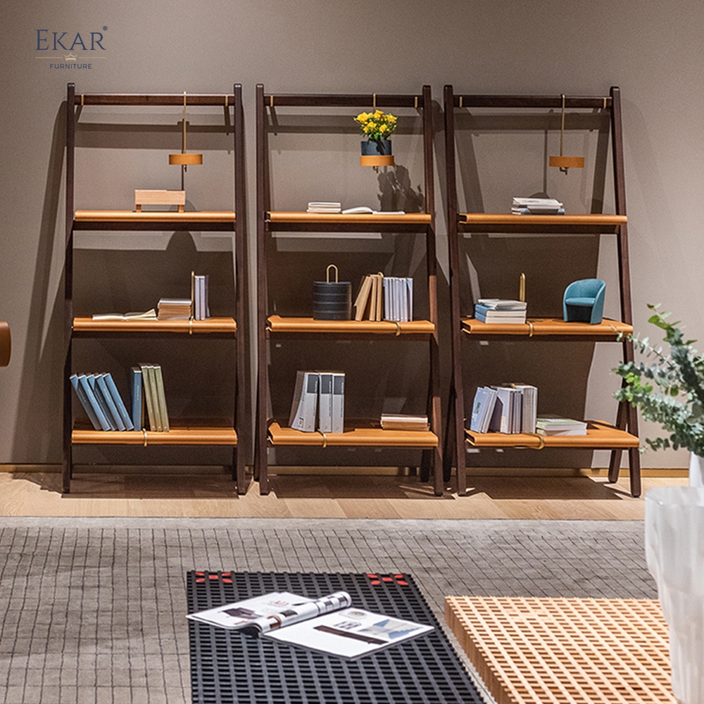 Modern Solid Wood Ladder Bookcase Leaning Bookshelf with Brass Accents and Reading Light
