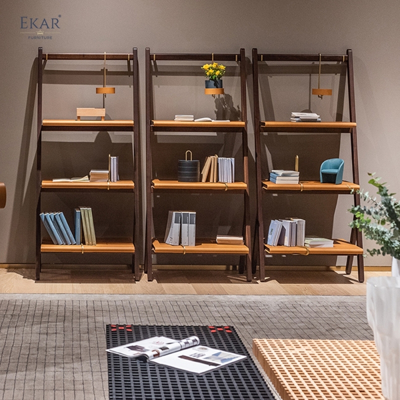 Modern Solid Wood Ladder Bookcase Leaning Bookshelf with Brass Accents and Reading Light