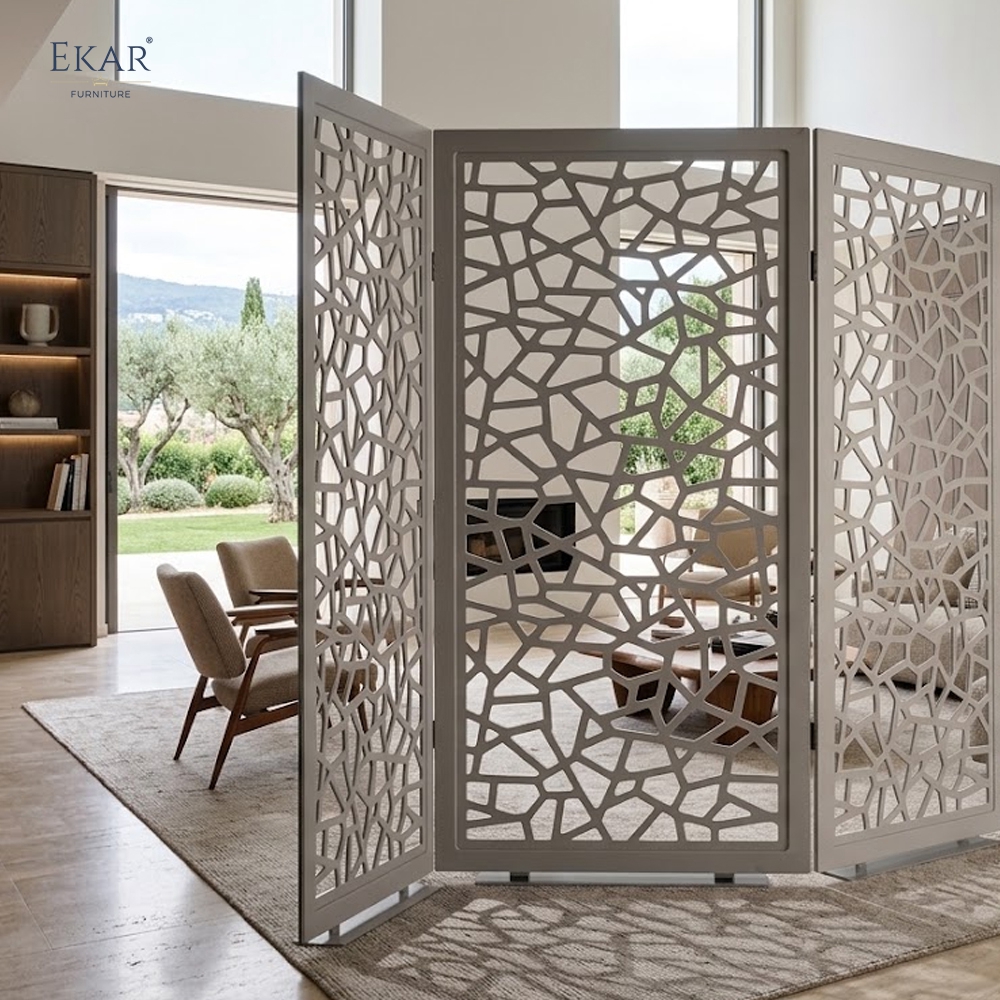Modern Leather Wrapped Folding Room Divider Screen with Laser-Cut Lattice Pattern