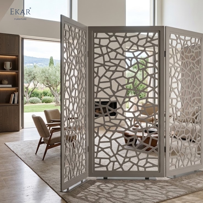 Modern Leather Wrapped Folding Room Divider Screen with Laser-Cut Lattice Pattern