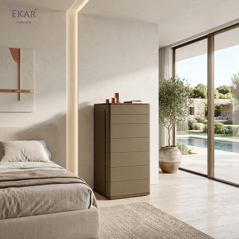 Modern Leather Wrapped Tallboy Chest of Drawers for Luxury Bedroom
