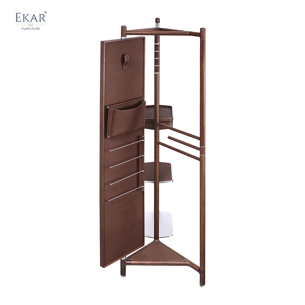 Modern Solid Wood Multi-Functional Coat Rack Valet Stand with Full-Length Mirror