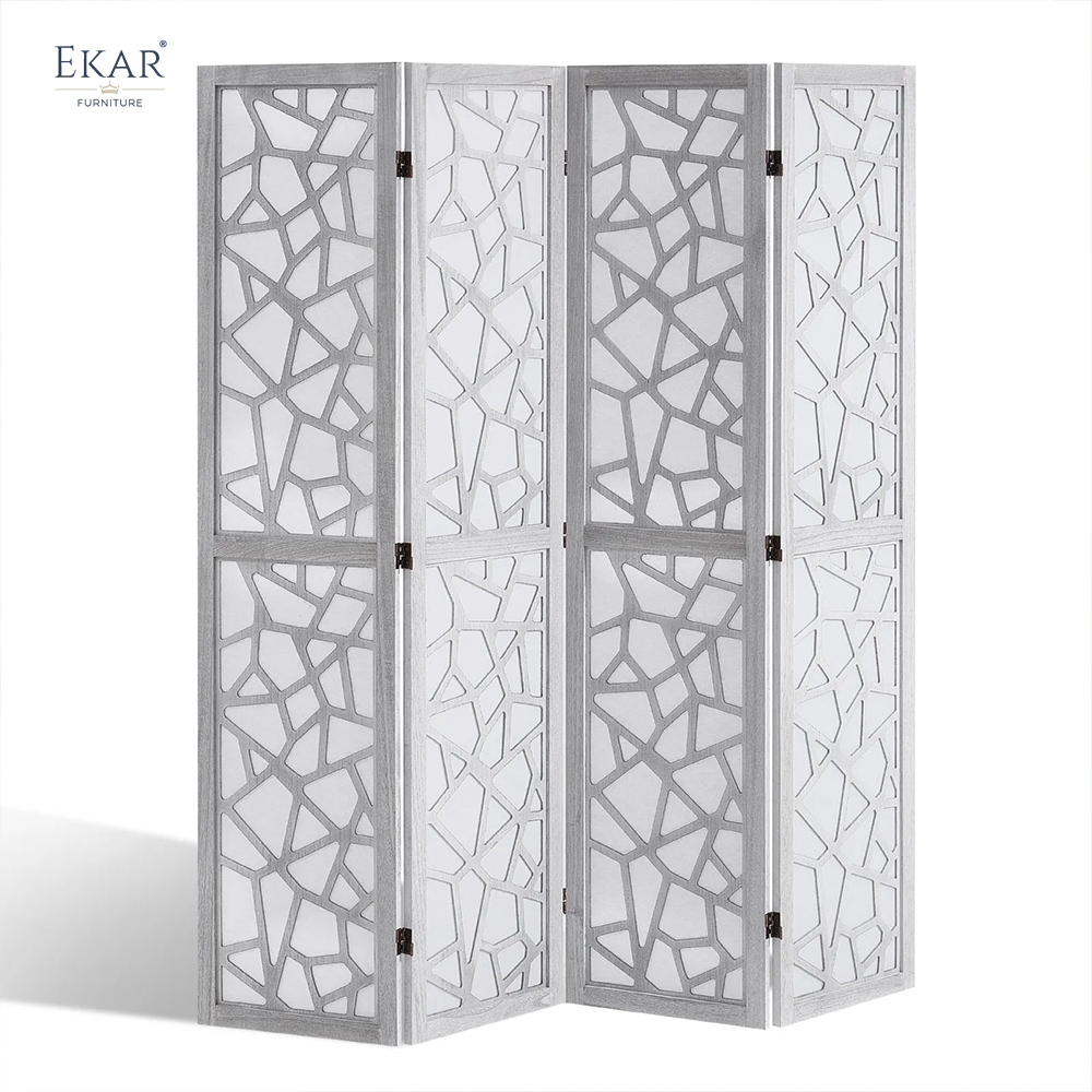 Modern Leather Wrapped Folding Room Divider Screen with Laser-Cut Lattice Pattern