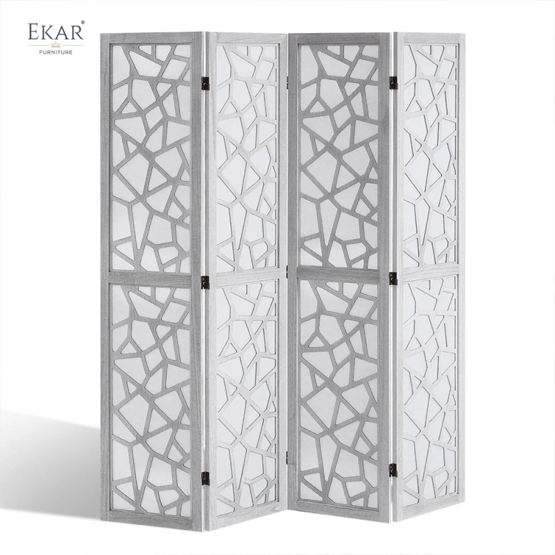 Modern Leather Wrapped Folding Room Divider Screen with Laser-Cut Lattice Pattern
