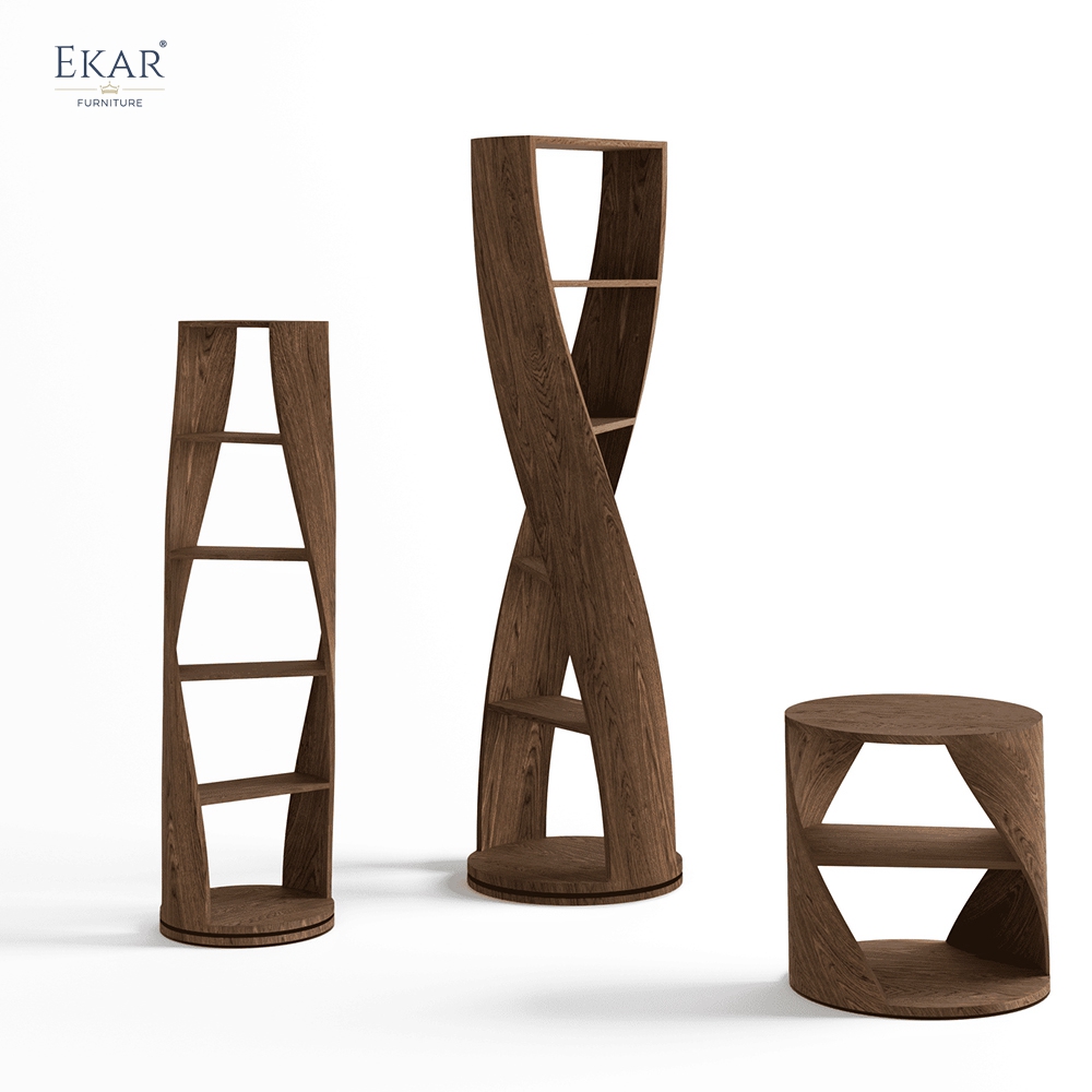 Modern Sculptural Solid Wood Rotating Bookcase 360-Degree Swivel Display Shelf