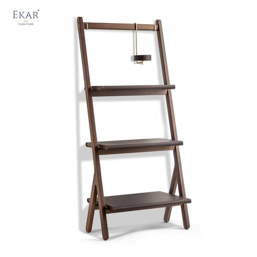 Modern Solid Wood Ladder Bookcase Leaning Bookshelf with Brass Accents and Reading Light