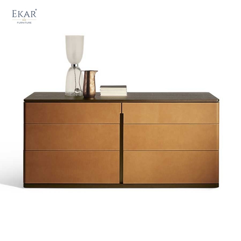 Modern Leather Wrapped Bedroom Double Dresser with Marble Top and Wide Storage Drawers
