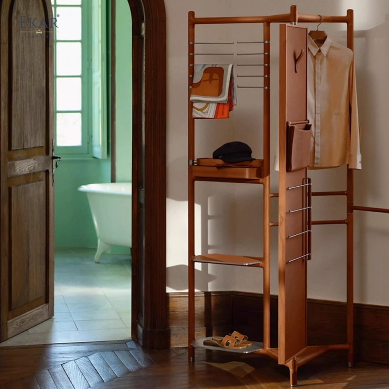 Modern Solid Wood Multi-Functional Coat Rack Valet Stand with Full-Length Mirror
