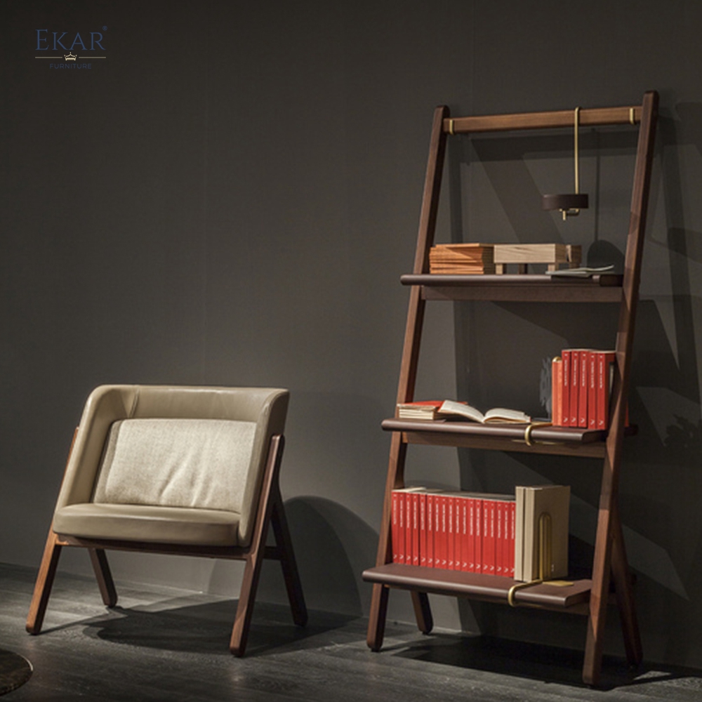 Modern Solid Wood Ladder Bookcase Leaning Bookshelf with Brass Accents and Reading Light
