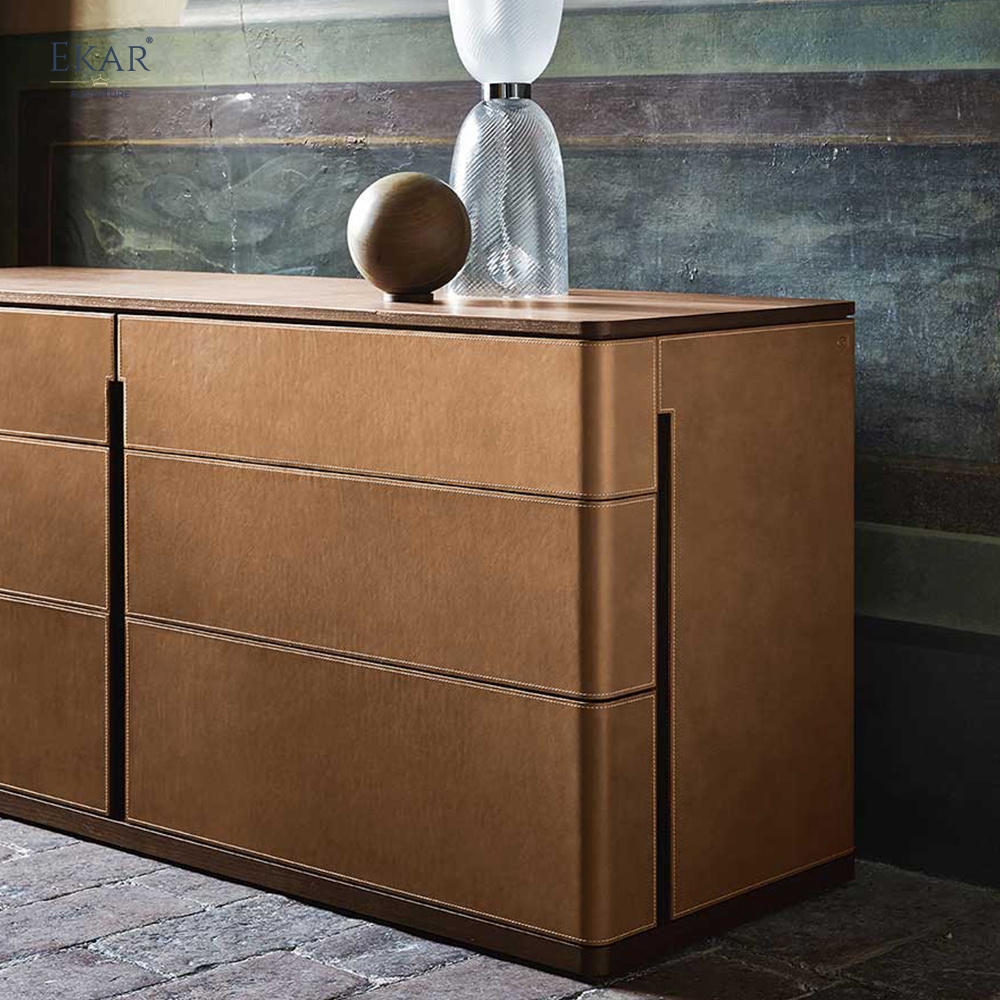 Modern Leather Wrapped Bedroom Double Dresser with Marble Top and Wide Storage Drawers