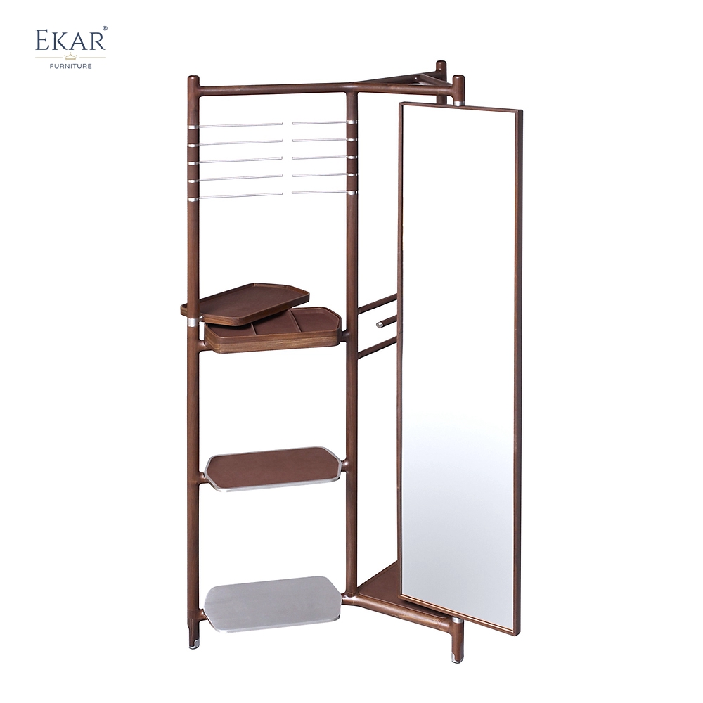 Modern Solid Wood Multi-Functional Coat Rack Valet Stand with Full-Length Mirror