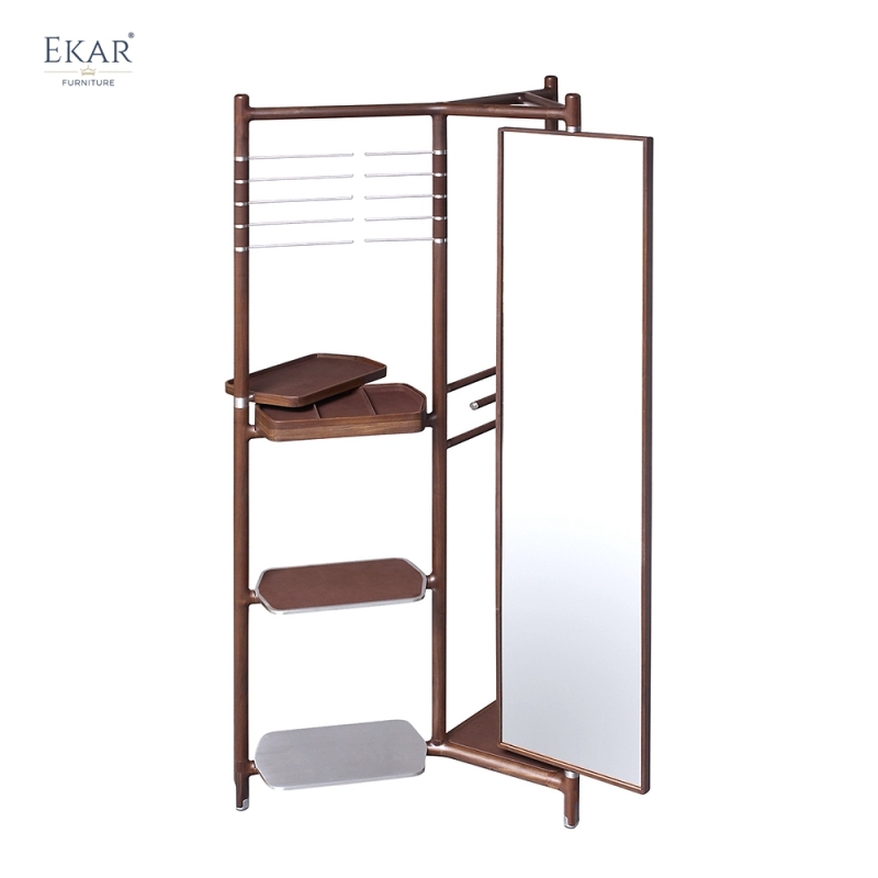 Modern Solid Wood Multi-Functional Coat Rack Valet Stand with Full-Length Mirror