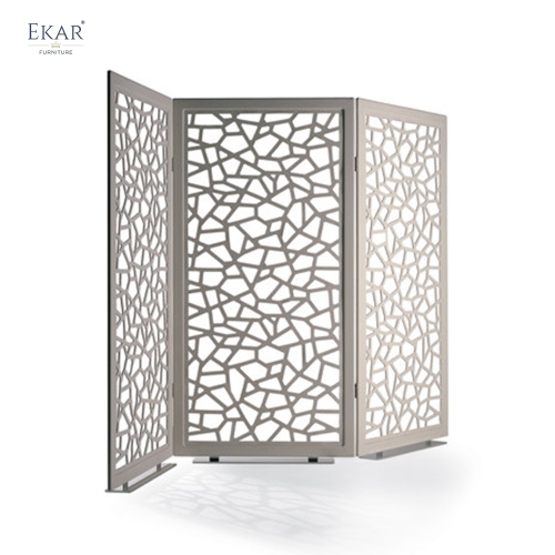 Modern Leather Wrapped Folding Room Divider Screen with Laser-Cut Lattice Pattern
