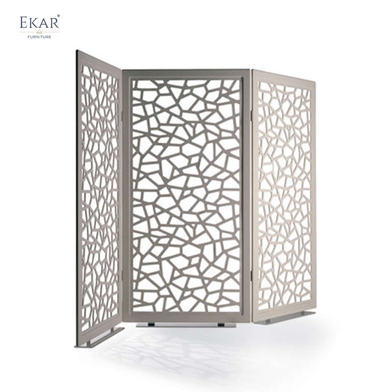 Modern Leather Wrapped Folding Room Divider Screen with Laser-Cut Lattice Pattern