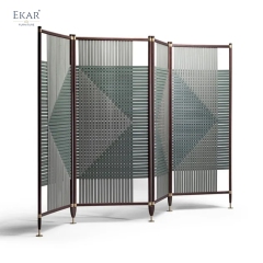 Modern Solid Walnut Room Divider Screen with Woven Saddle Leather Panels