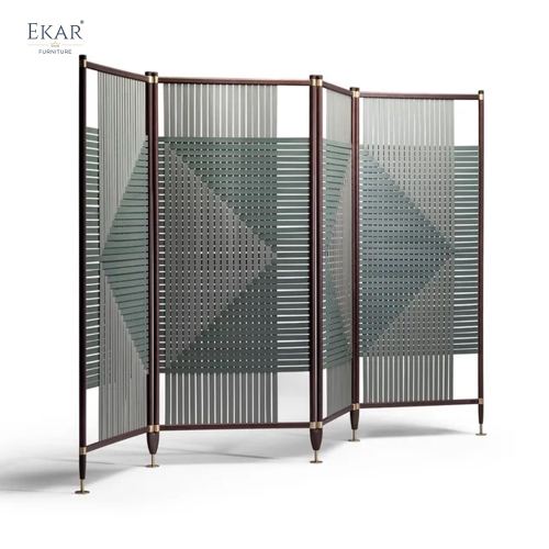 Modern Solid Walnut Room Divider Screen with Woven Saddle Leather Panels