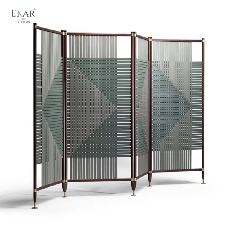 Modern Solid Walnut Room Divider Screen with Woven Saddle Leather Panels