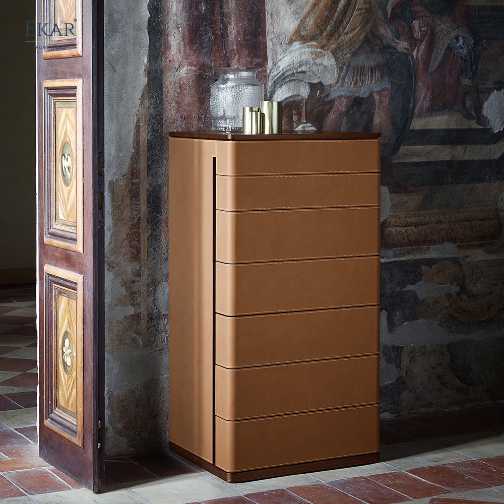Modern Leather Wrapped Tallboy Chest of Drawers for Luxury Bedroom