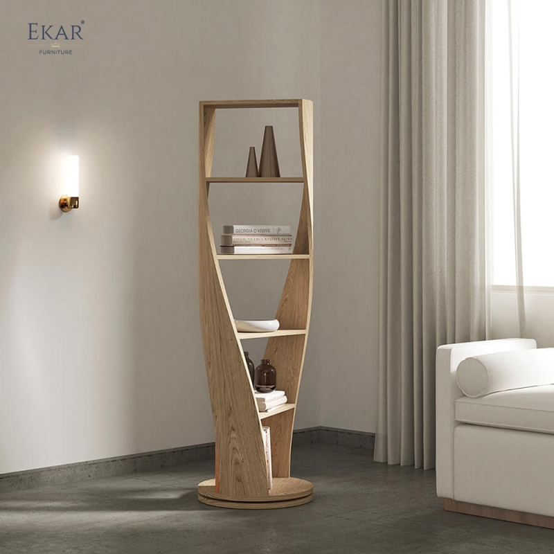 Modern Sculptural Solid Wood Rotating Bookcase 360-Degree Swivel Display Shelf