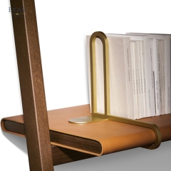 Modern Solid Wood Ladder Bookcase Leaning Bookshelf with Brass Accents and Reading Light