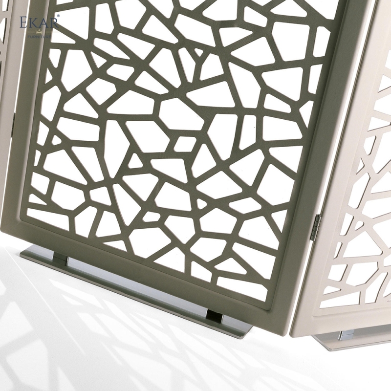 Modern Leather Wrapped Folding Room Divider Screen with Laser-Cut Lattice Pattern