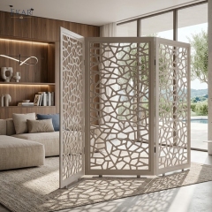 Modern Leather Wrapped Folding Room Divider Screen with Laser-Cut Lattice Pattern