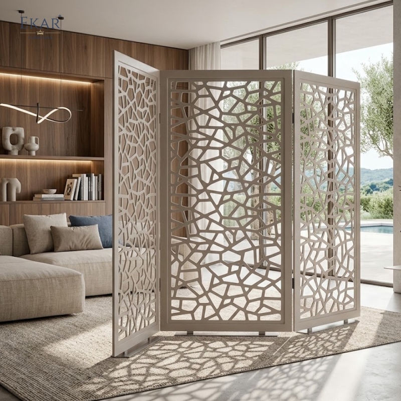 Modern Leather Wrapped Folding Room Divider Screen with Laser-Cut Lattice Pattern