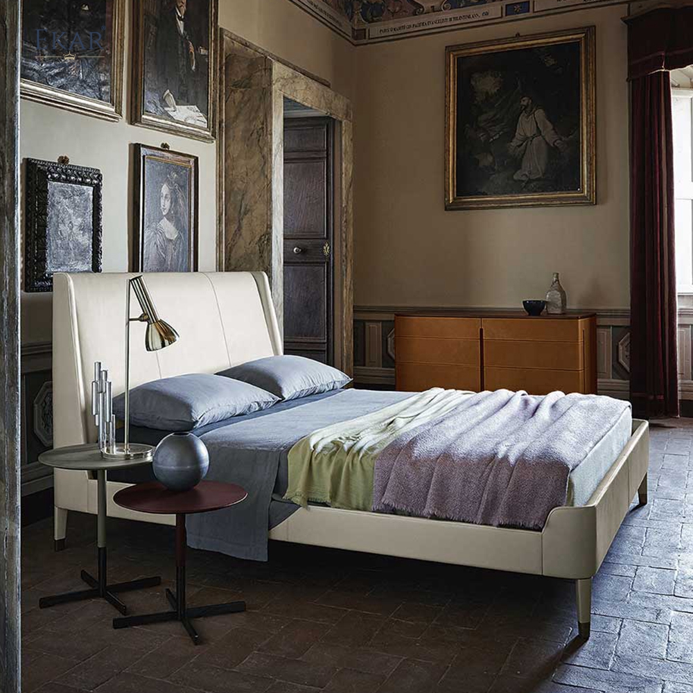 Modern Leather Wrapped Bedroom Double Dresser with Marble Top and Wide Storage Drawers