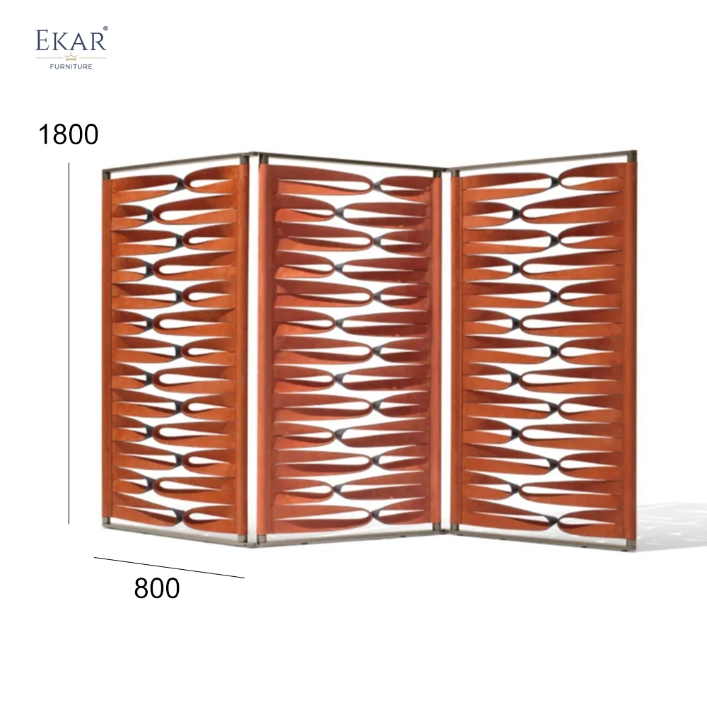 Modern Architectural Folding Room Divider Screen with 3D Sculptural Woven Leather Panels