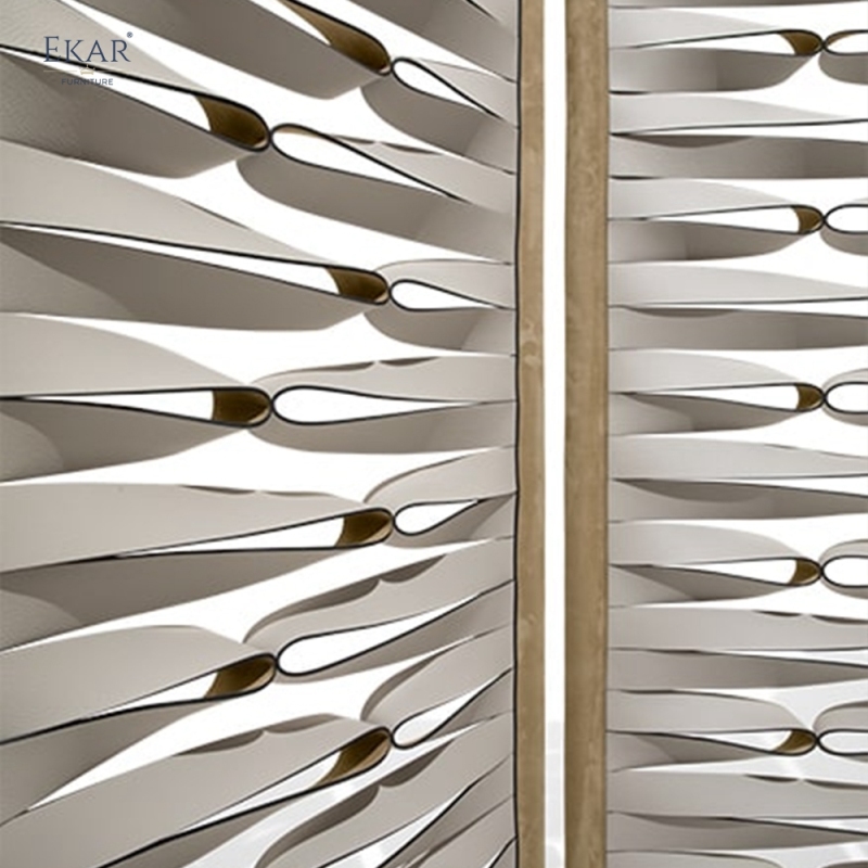 Modern Architectural Folding Room Divider Screen with 3D Sculptural Woven Leather Panels