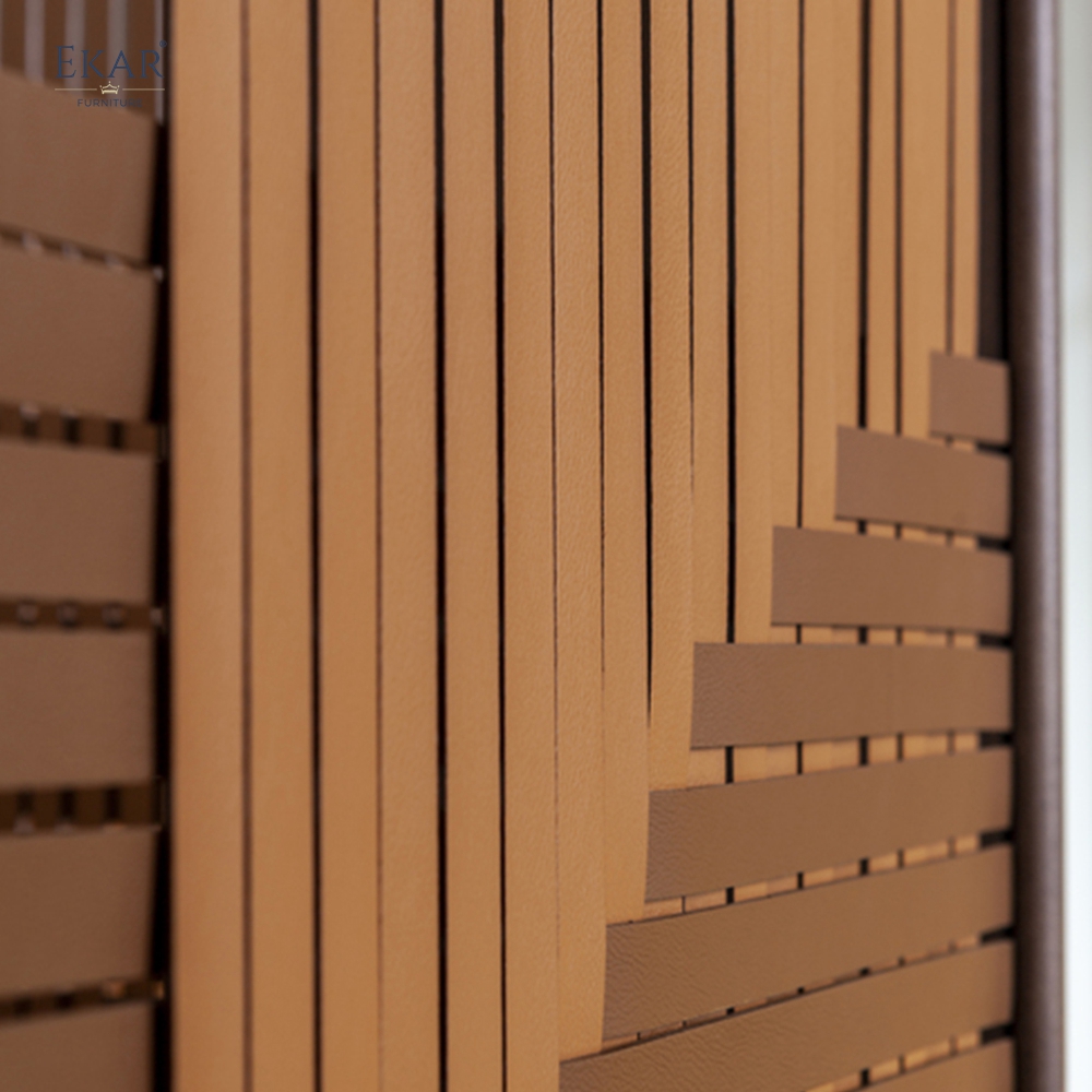 Modern Solid Walnut Room Divider Screen with Woven Saddle Leather Panels