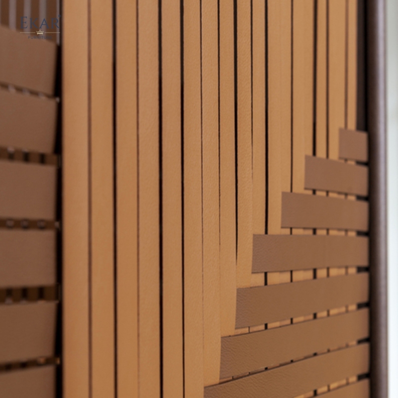 Modern Solid Walnut Room Divider Screen with Woven Saddle Leather Panels