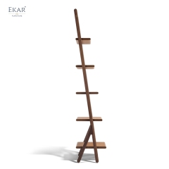 Modern Solid Wood Ladder Bookcase Leaning Bookshelf with Brass Accents and Reading Light
